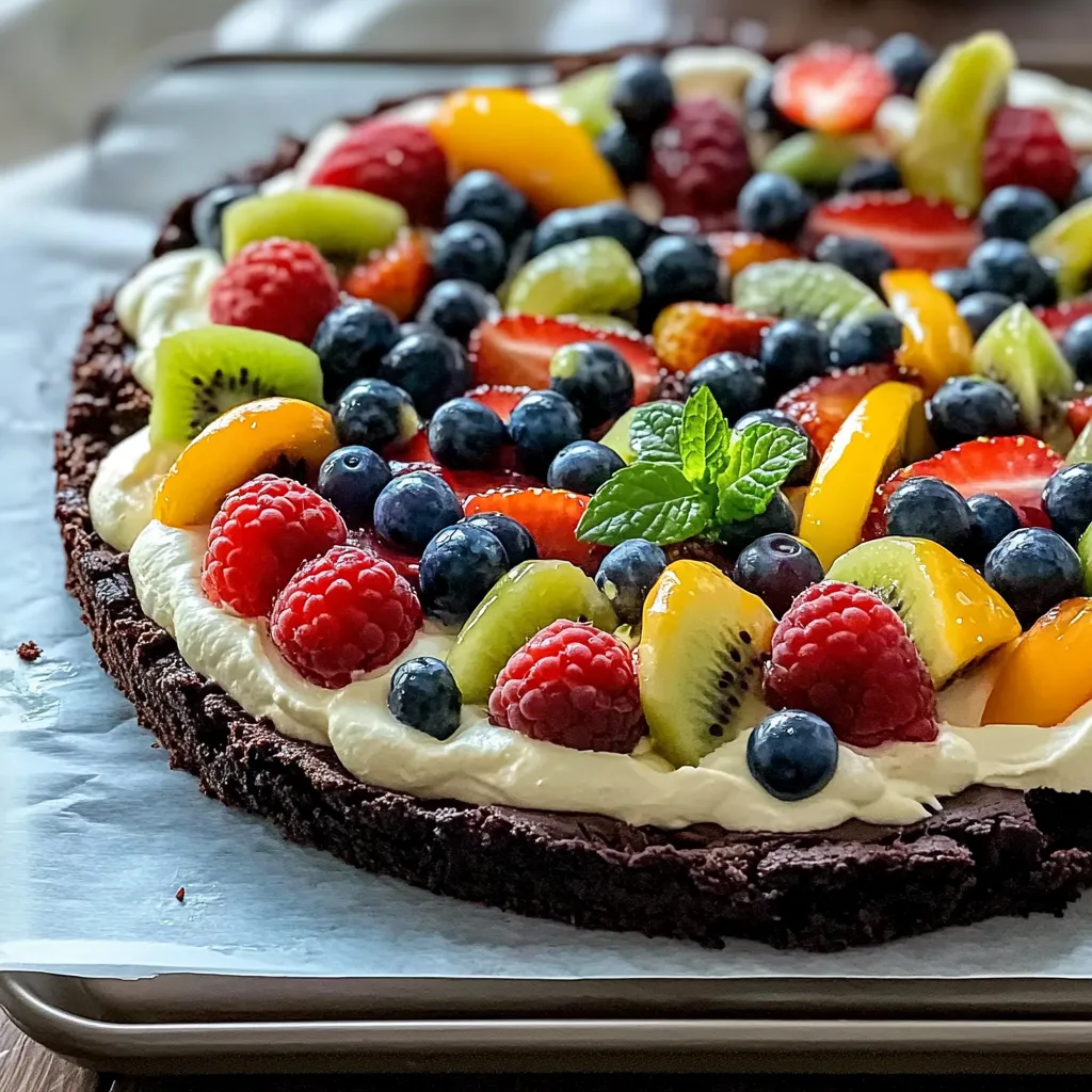 A fruit and chocolate dessert with blueberries, raspberries, kiwi, and strawberries.