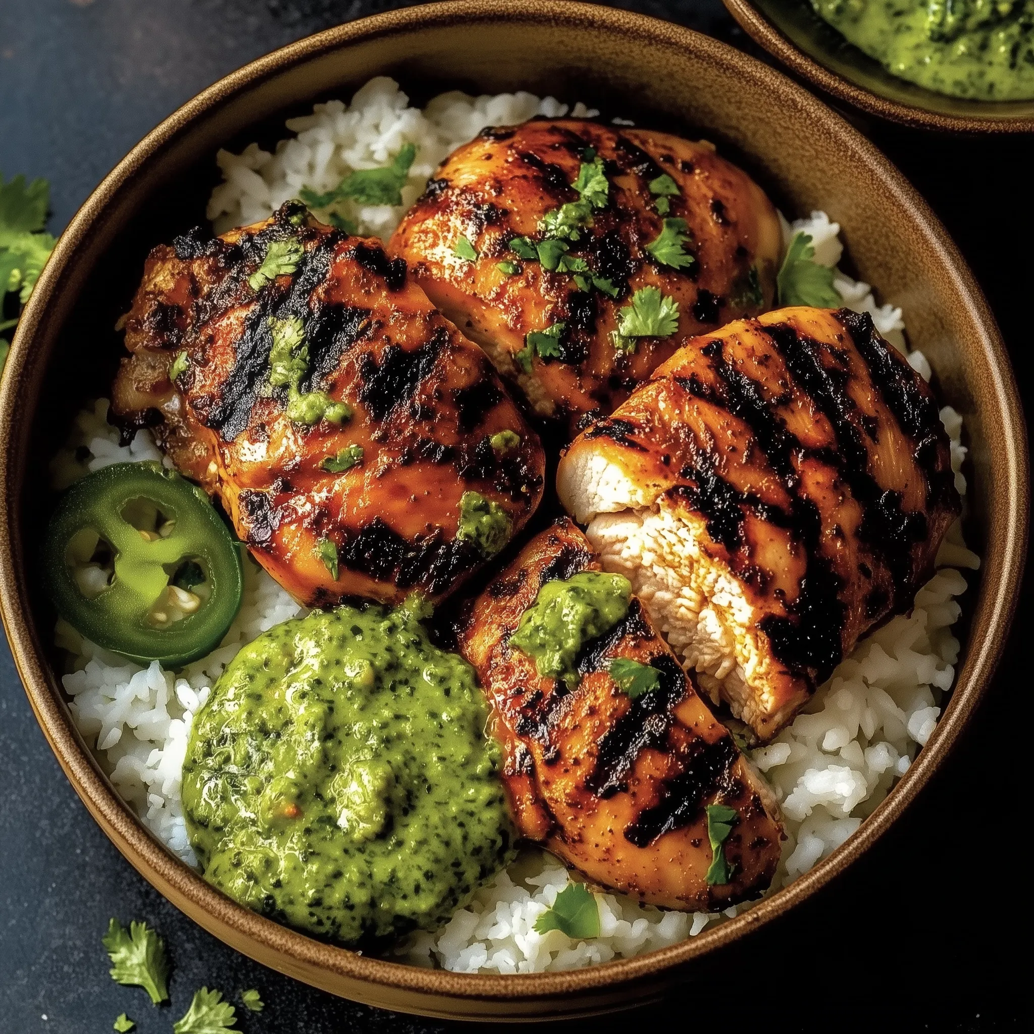 A bowl of rice with chicken and green sauce.