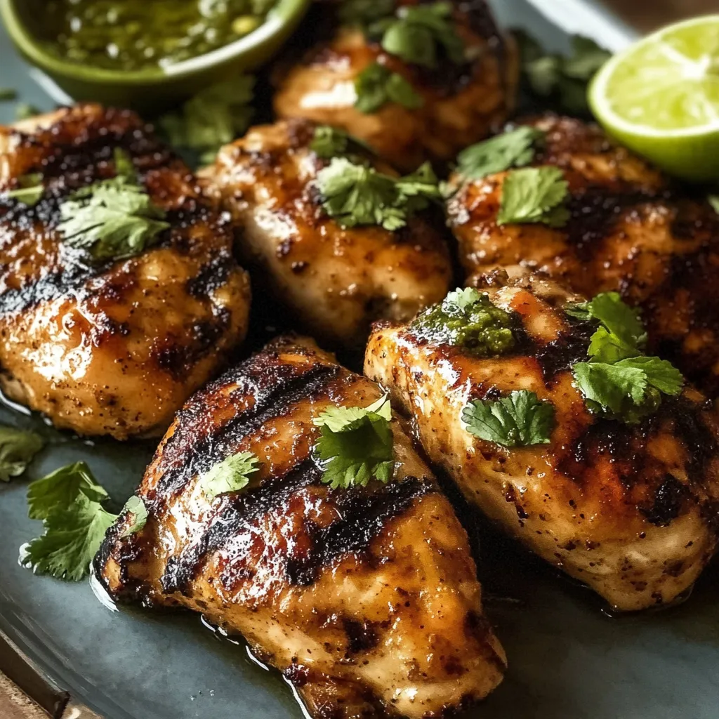 A plate of chicken with lime wedges on the side.