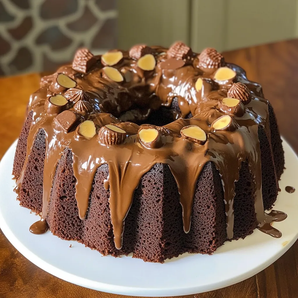 A chocolate cake with chocolate frosting and chocolate chips.