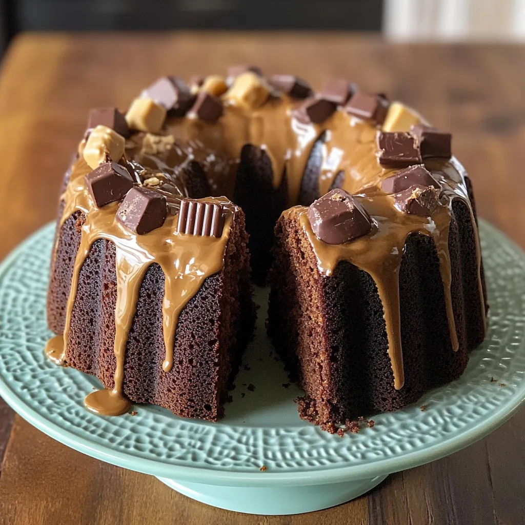 A chocolate cake with caramel drizzle.