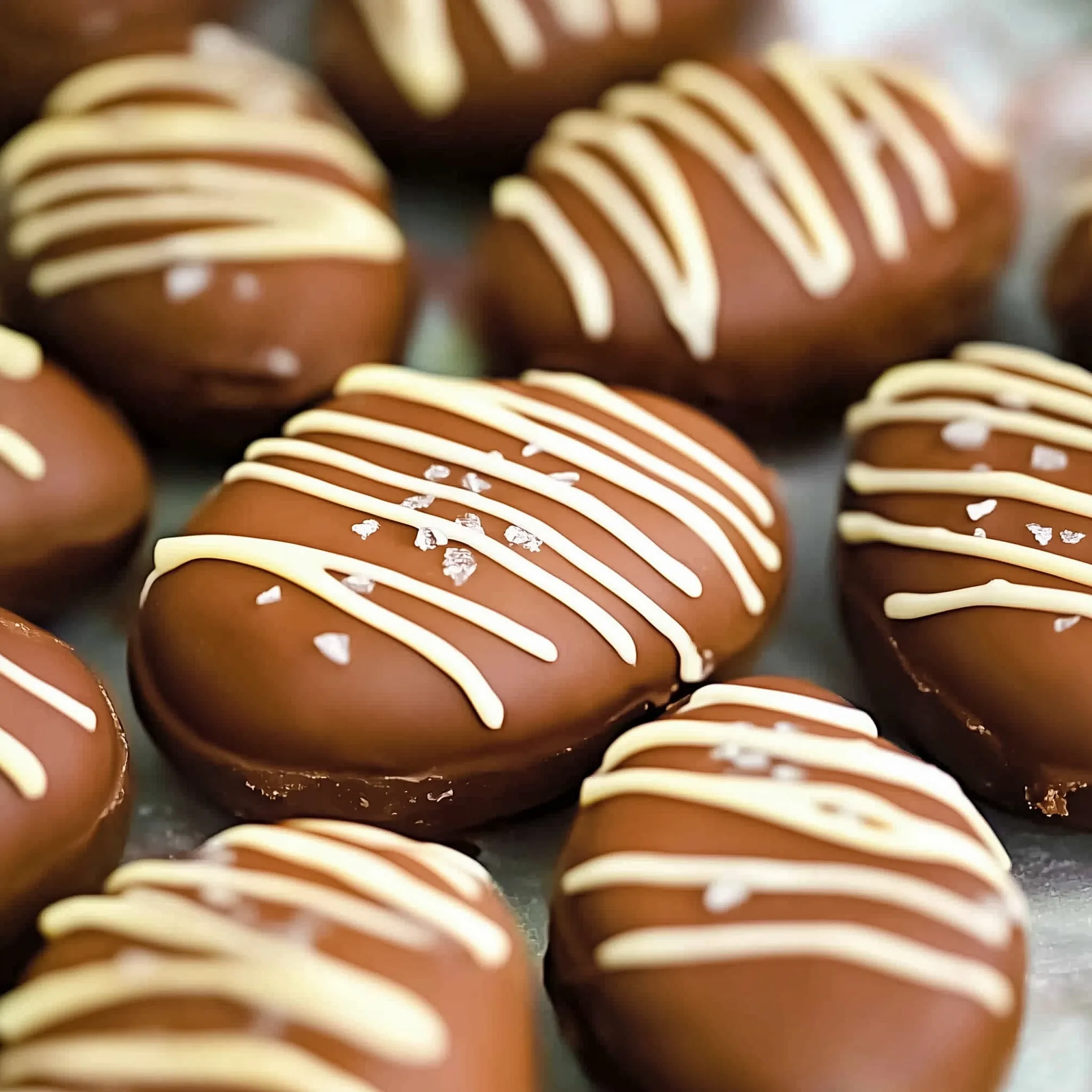 Chocolate donuts with white icing and chocolate stripes.