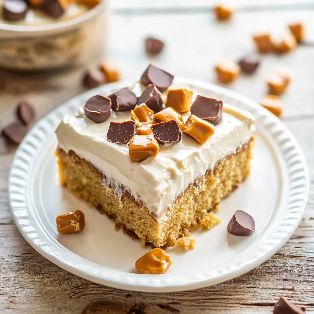 A piece of cake with chocolate and peanut butter toppings.