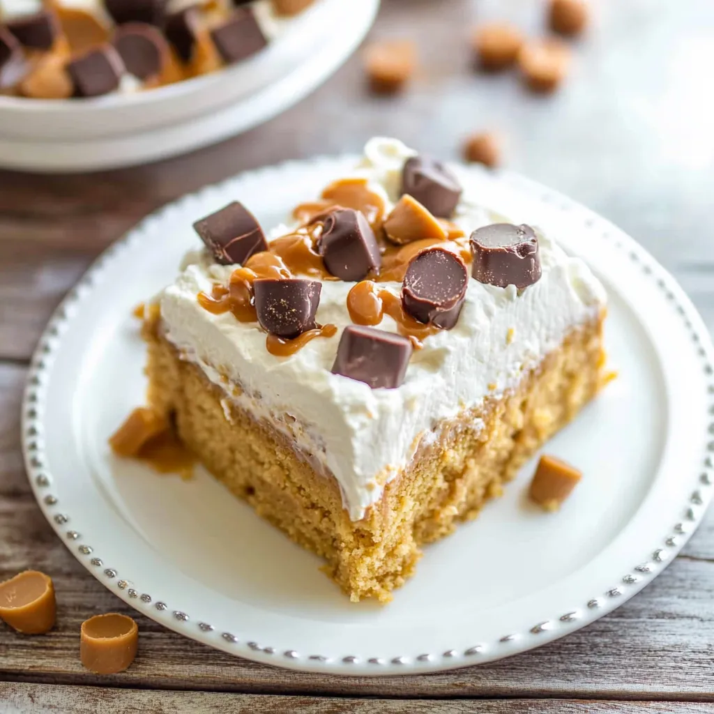 A piece of cake with chocolate and caramel toppings.