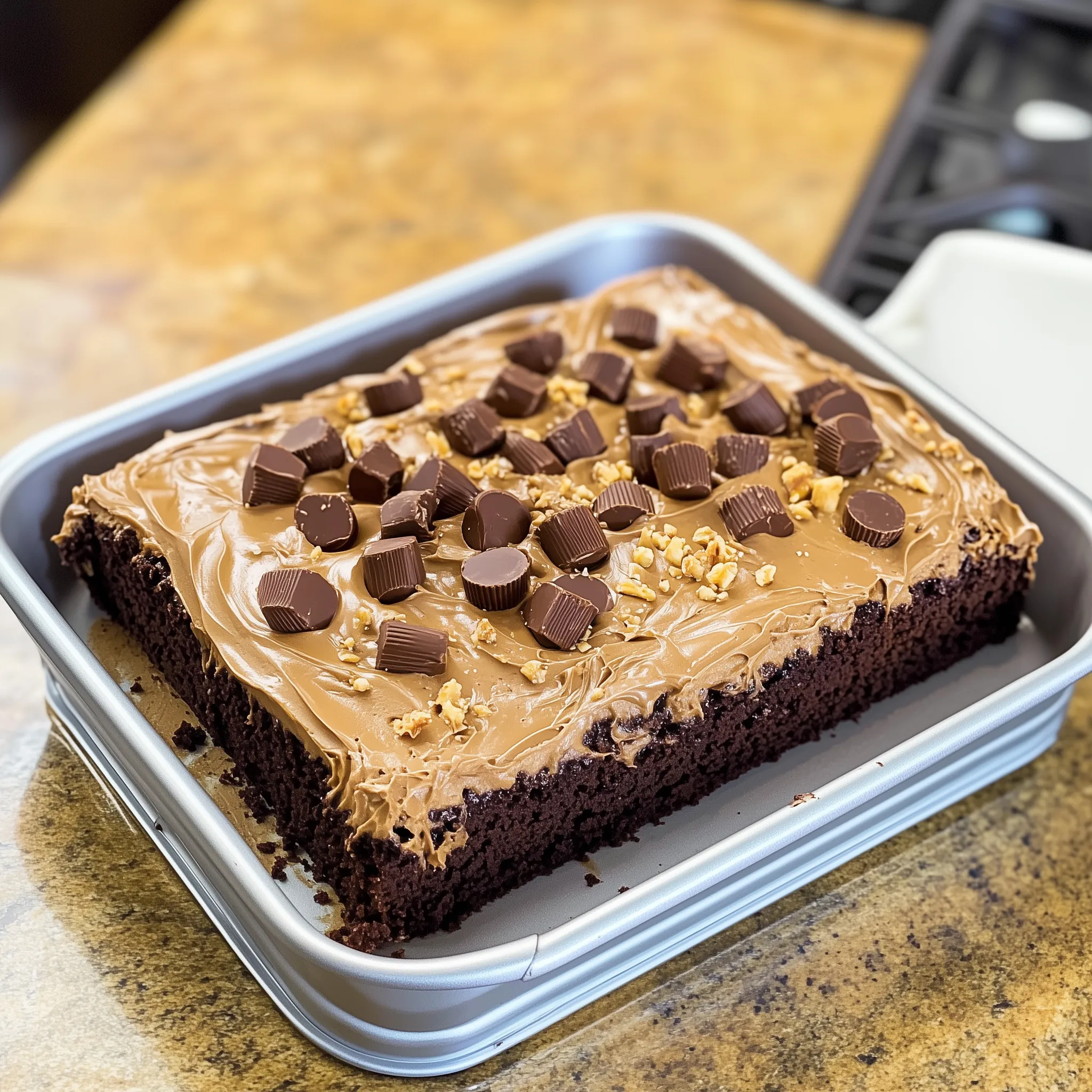 A chocolate cake with peanut butter and chocolate chips.