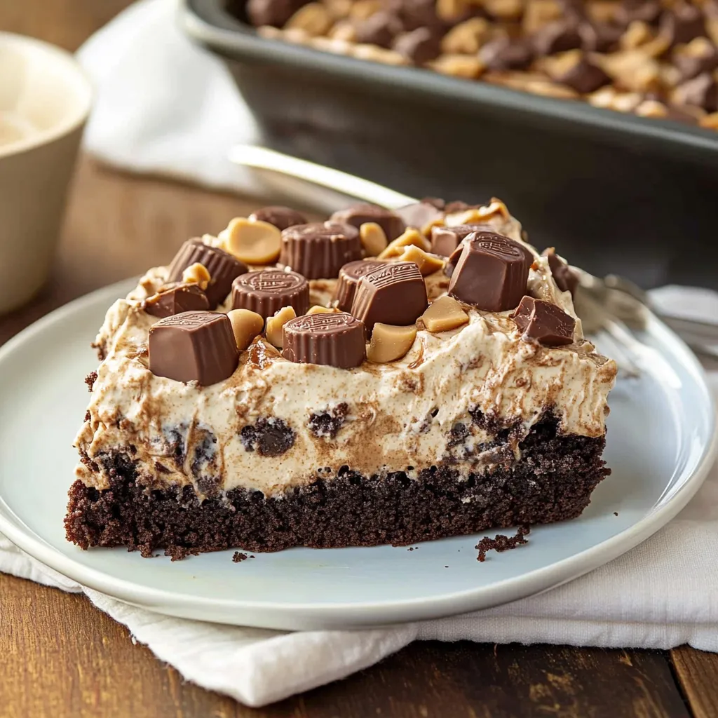 A slice of chocolate cake with peanut butter and chocolate chips.