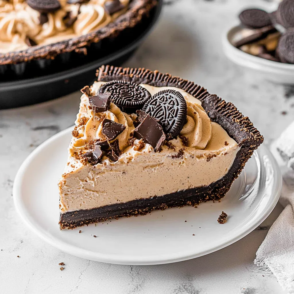 A slice of pie with chocolate and Oreo cookies on top.