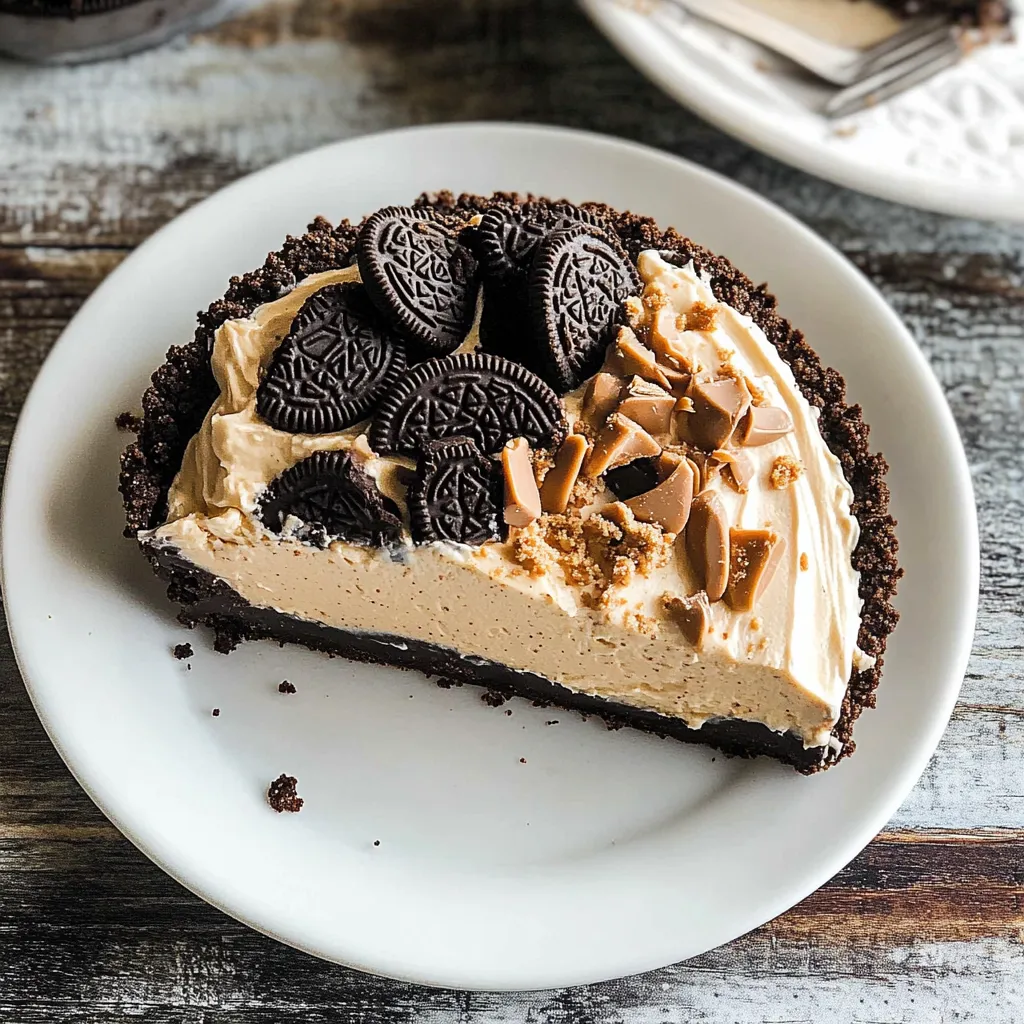 A slice of pie with chocolate and cookie toppings.
