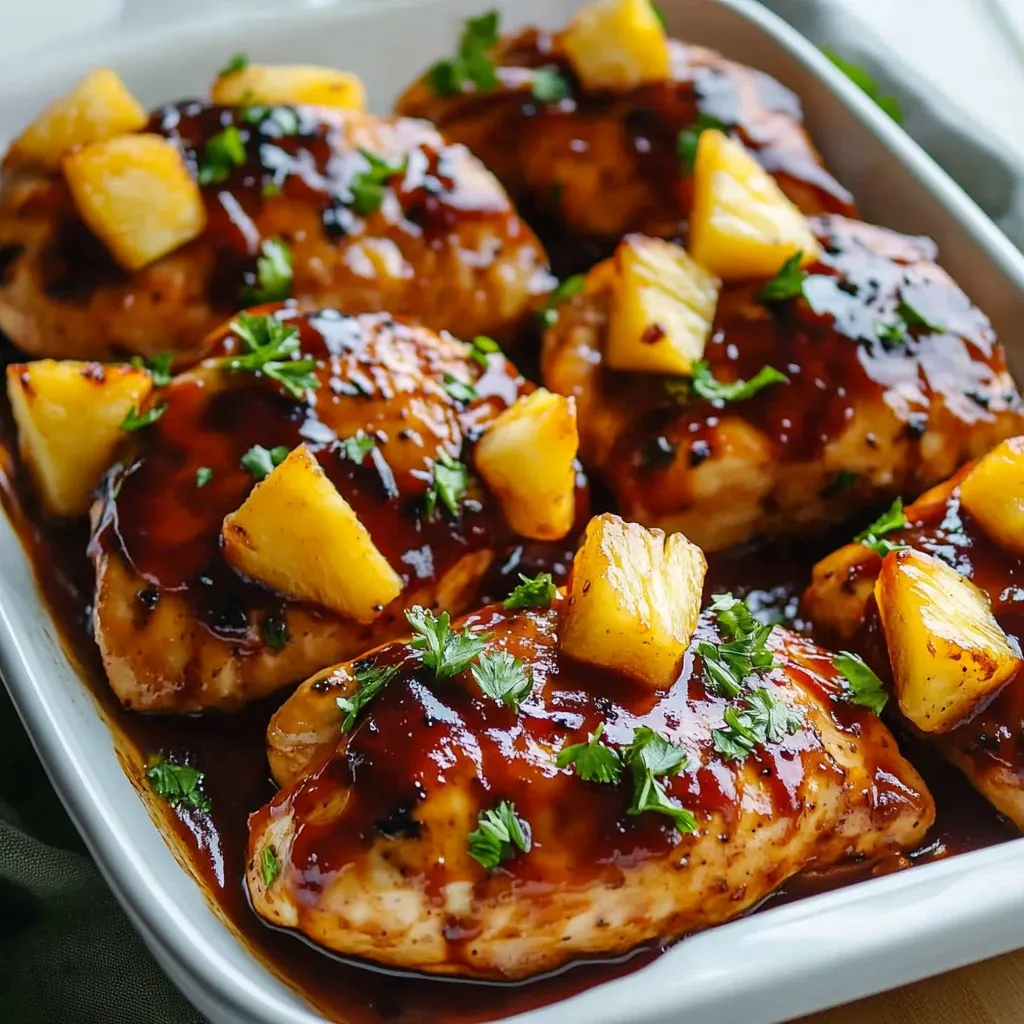 A plate of chicken with pineapple on top.