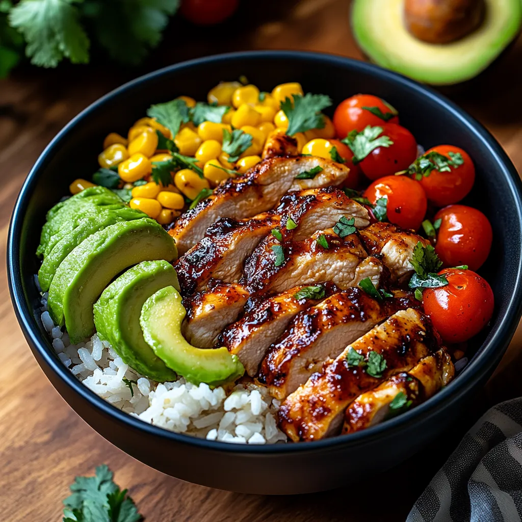 A bowl of food with rice, tomatoes, corn, and meat.