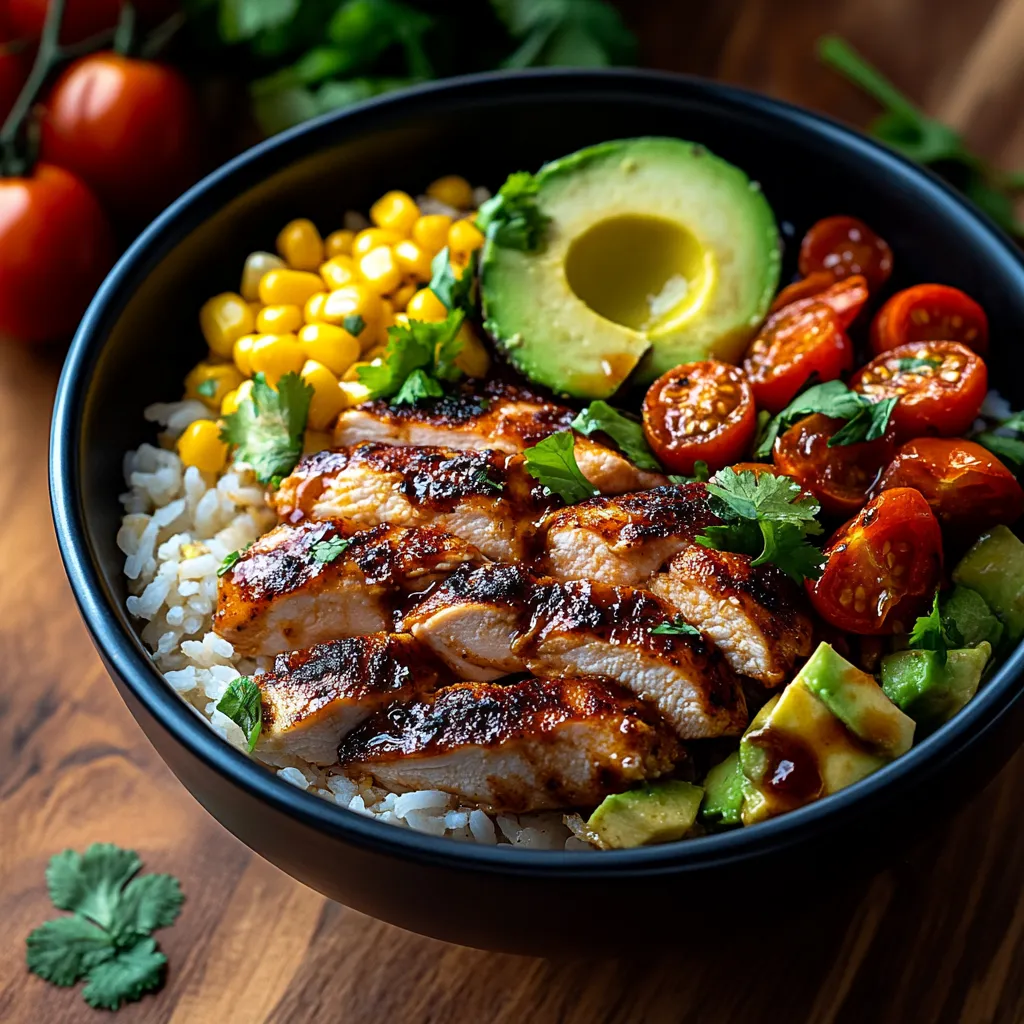 A bowl of food with rice, corn, tomatoes, avocado, and chicken.