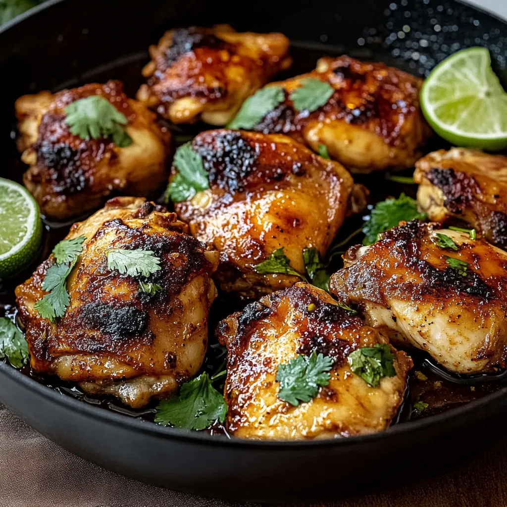 A bowl of chicken with limes and herbs.