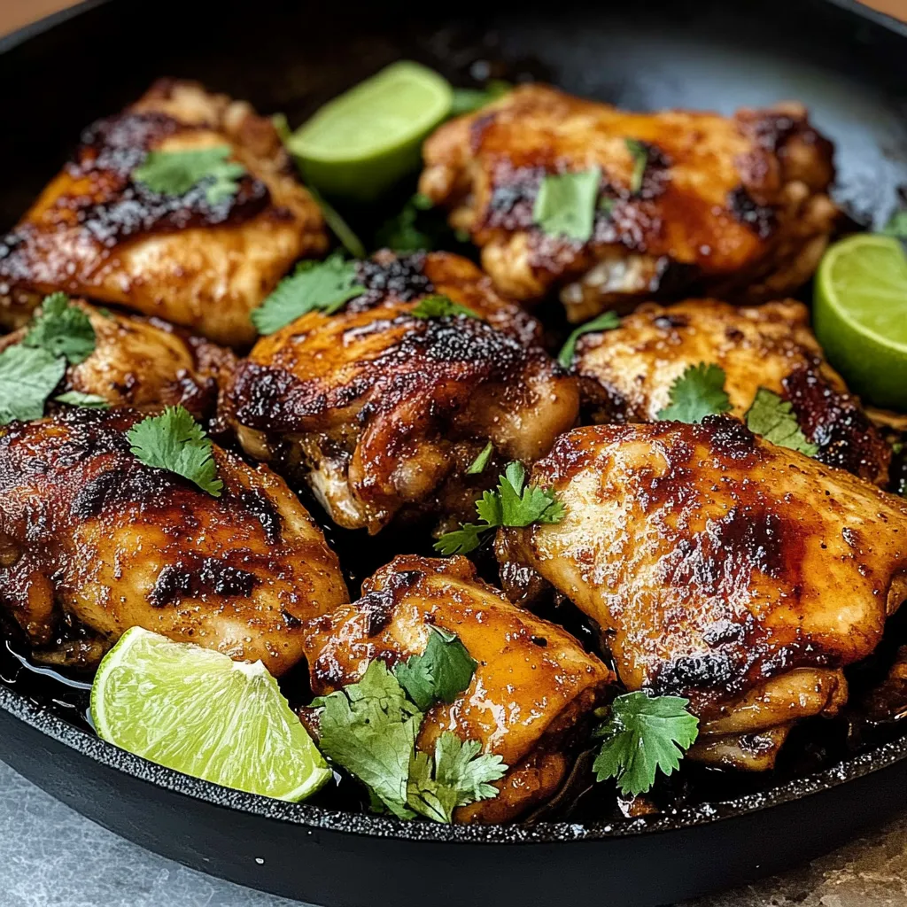 A pan of chicken with lime wedges on top.