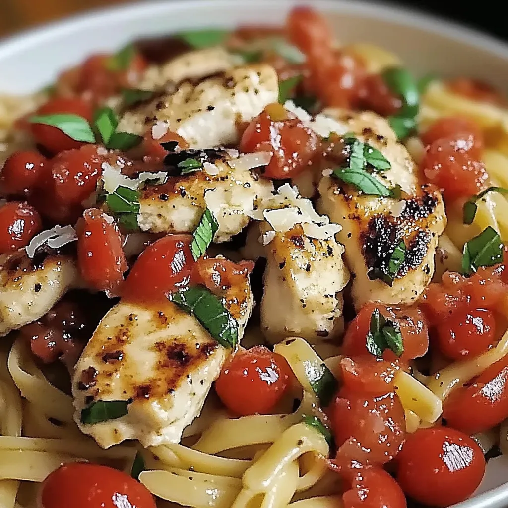 A bowl of pasta with chicken and tomatoes.