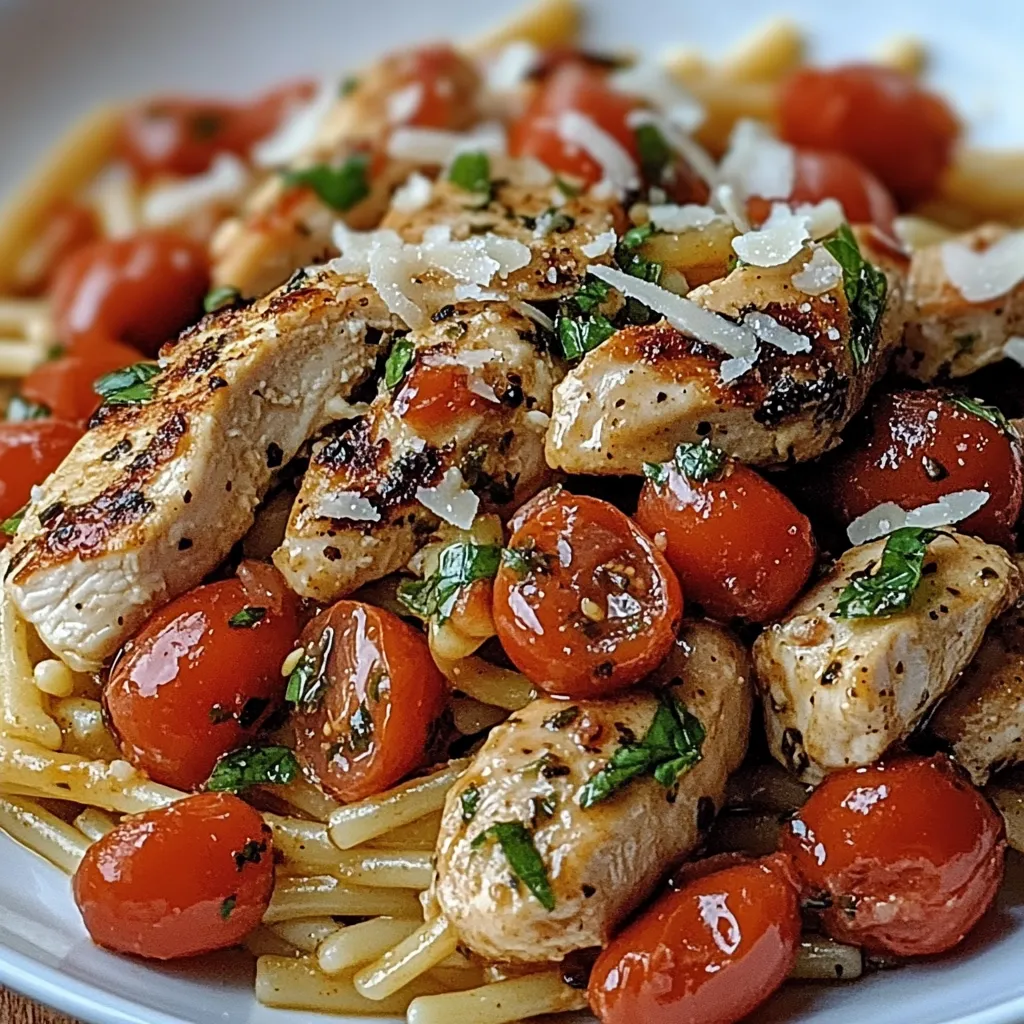 A plate of chicken and tomatoes.