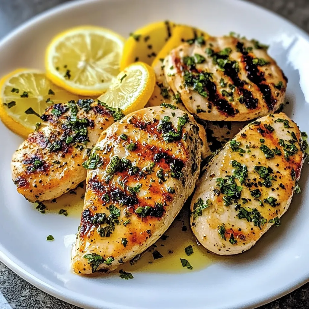 A plate of grilled chicken with lemon wedges on top.