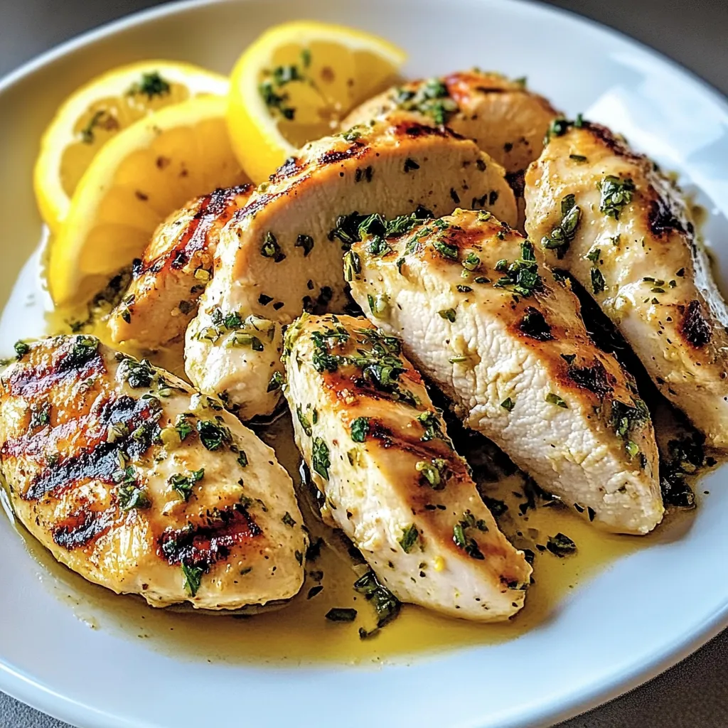 A plate of grilled chicken with lemon wedges on top.
