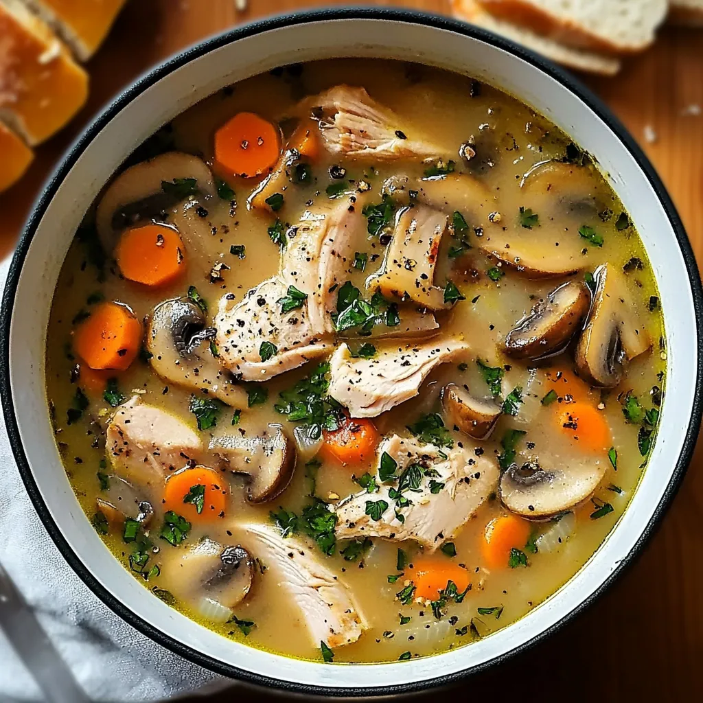 A bowl of soup with chicken and mushrooms.