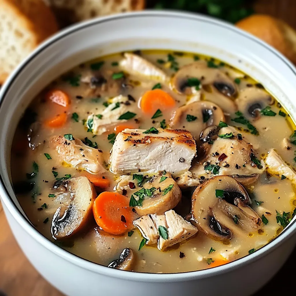 A bowl of soup with chicken, mushrooms, and carrots.
