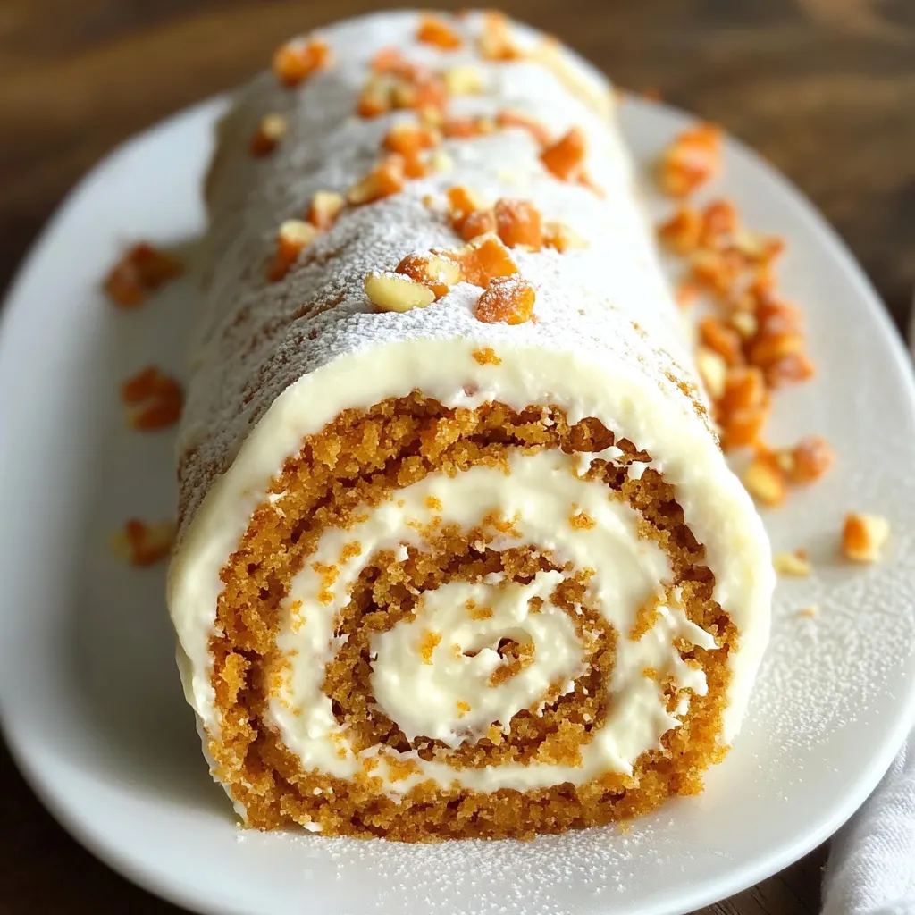 A cake roll with orange and white frosting.
