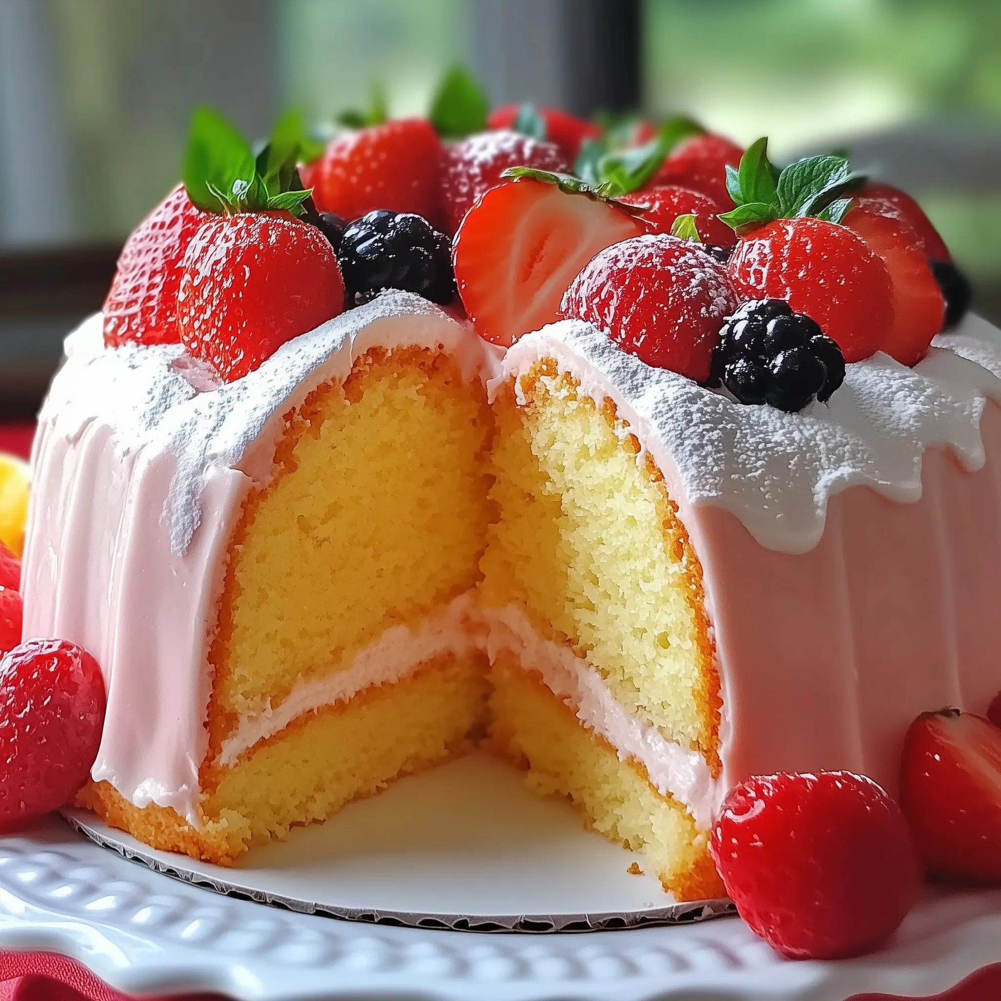 A slice of cake with strawberries and blueberries on top.