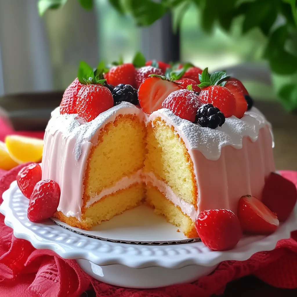 A slice of cake with strawberries and blueberries on top.