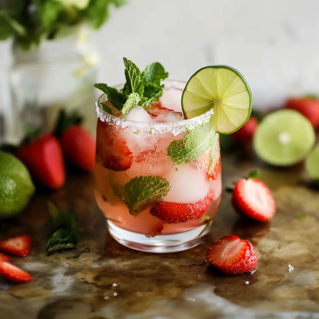 A glass of strawberry margarita with a slice of lime and a slice of strawberry.