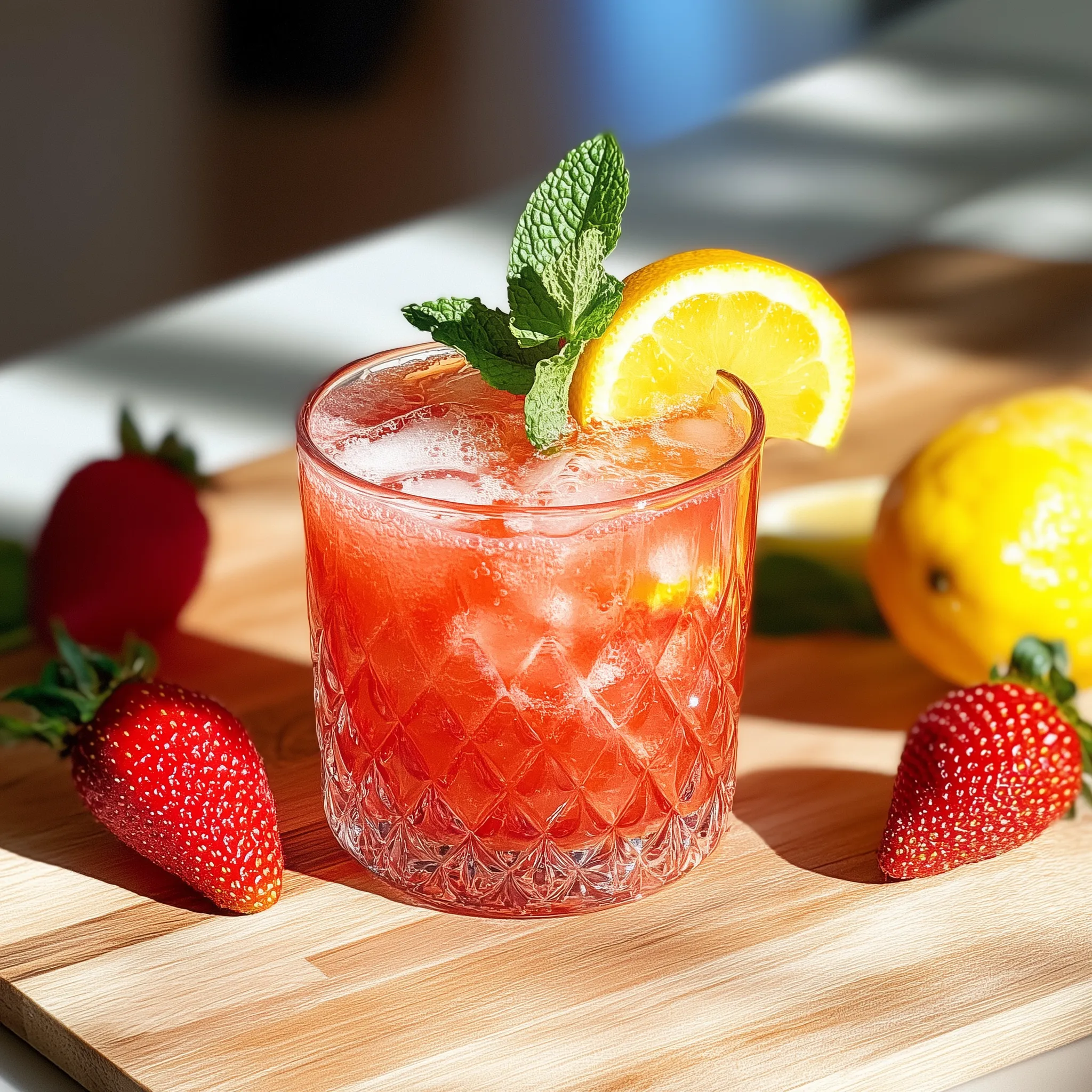 A glass of red drink with a lemon slice and mint leaf.