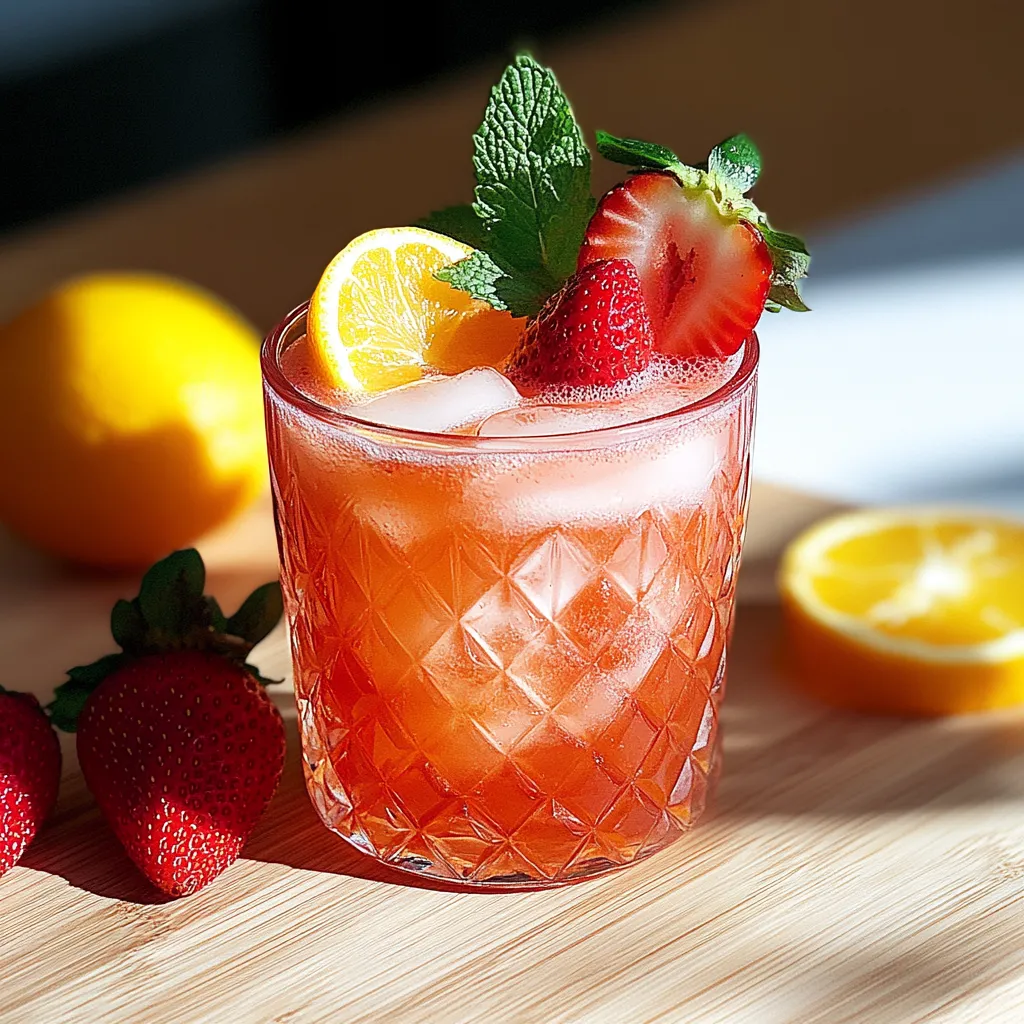 A glass of fruit juice with a lemon and strawberry garnish.