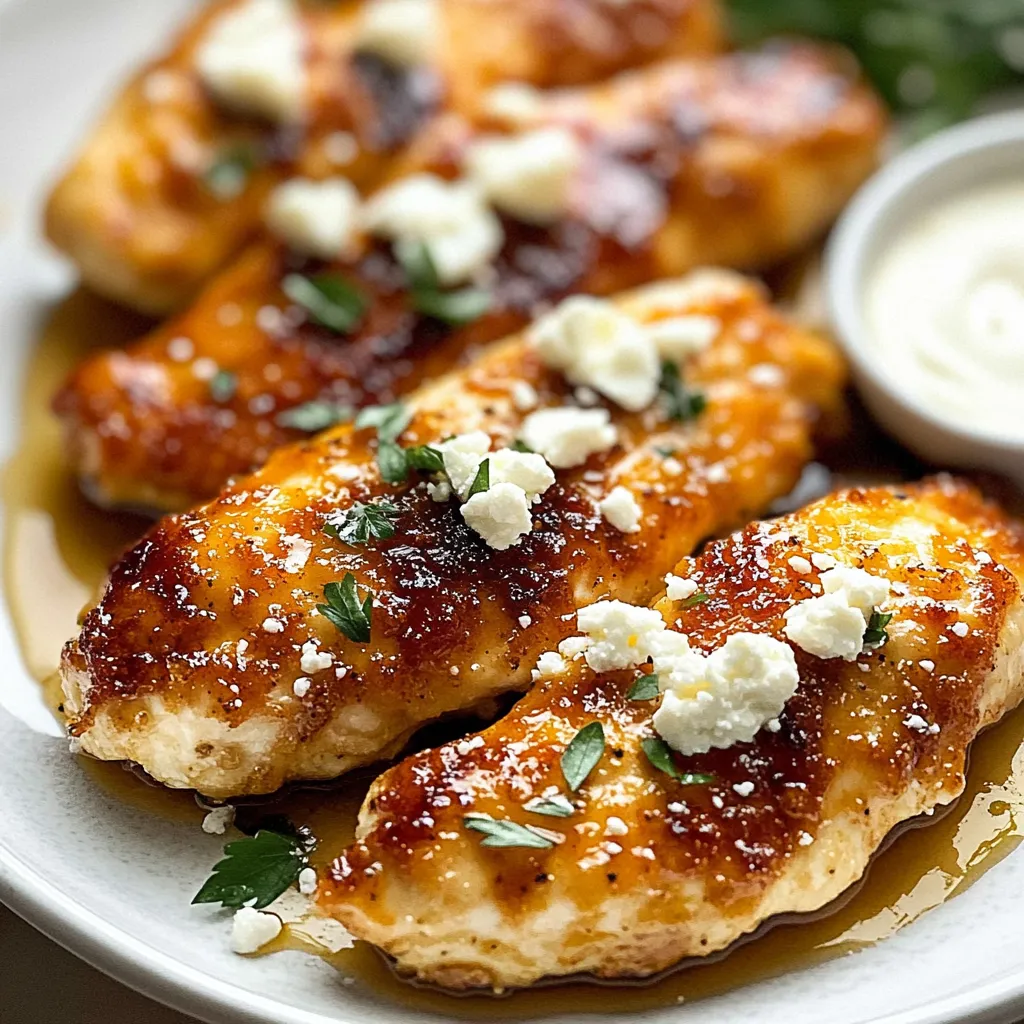A plate of chicken with feta cheese and sauce.