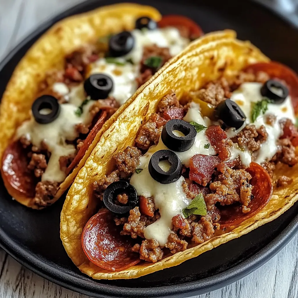 Two tacos with meat and black olives.