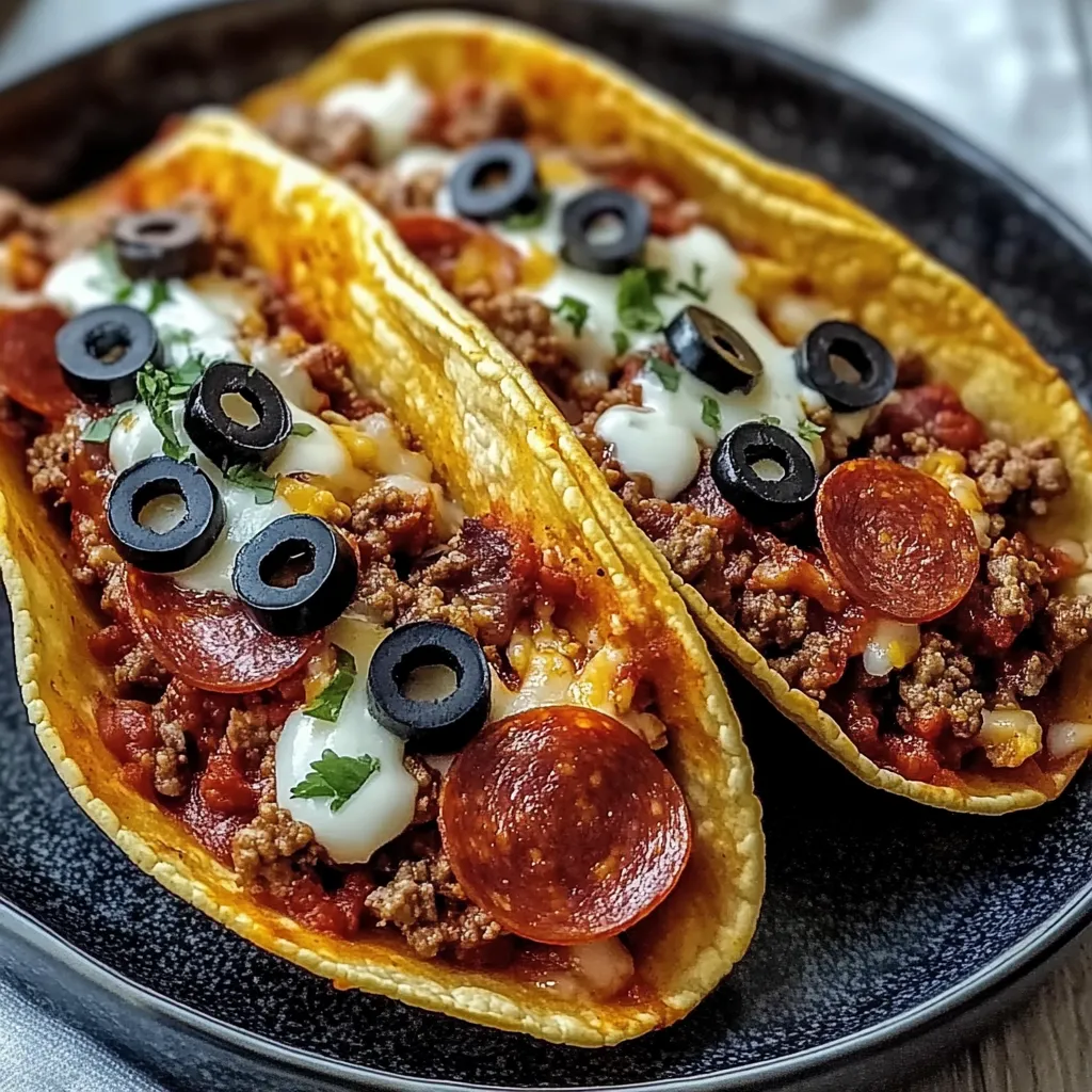 Two tacos with meat and olives on a plate.