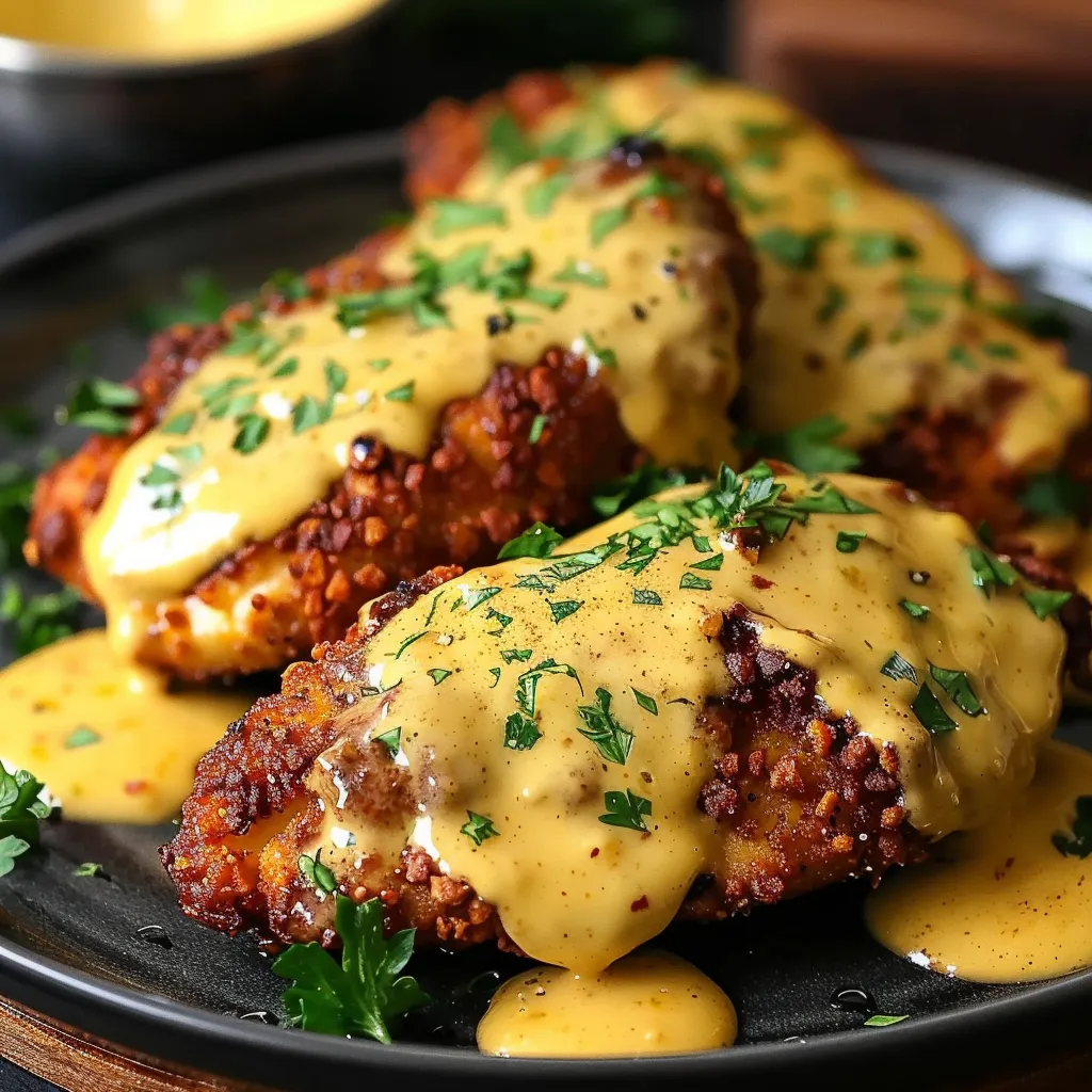 A plate of breaded chicken with a creamy sauce.