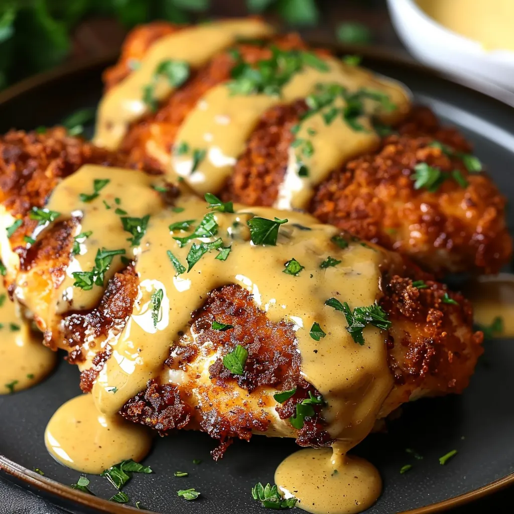 Chicken with sauce on a plate.