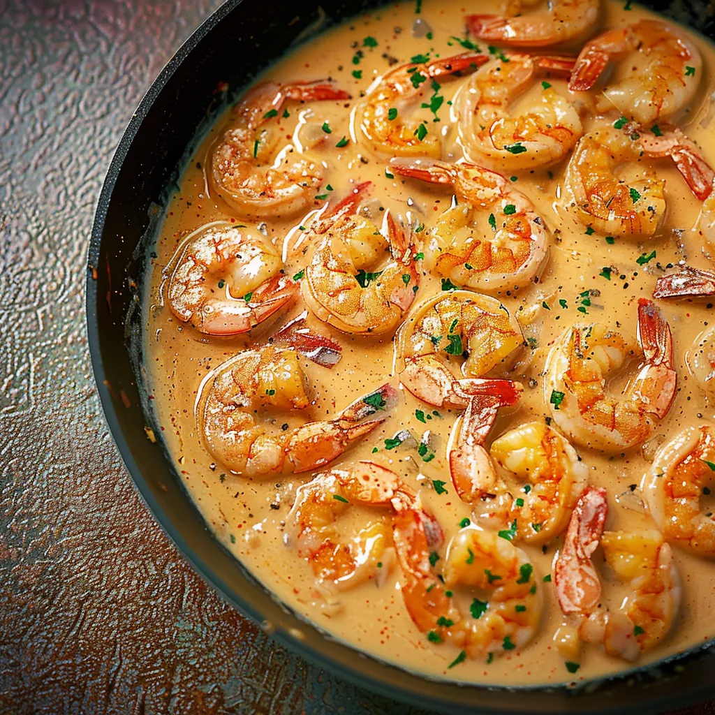 A bowl of shrimp in a creamy sauce.