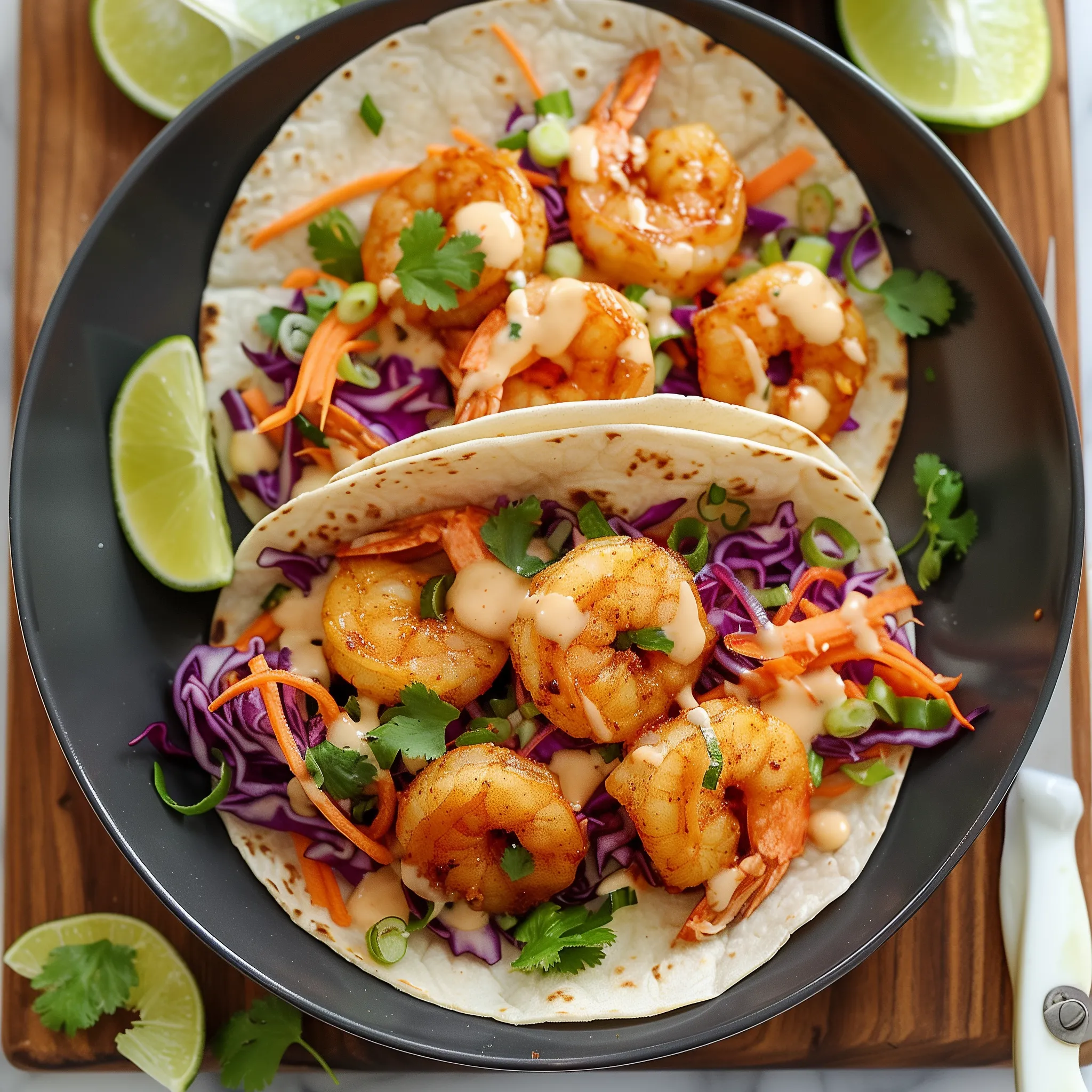 Two shrimp tacos with purple cabbage and carrots.