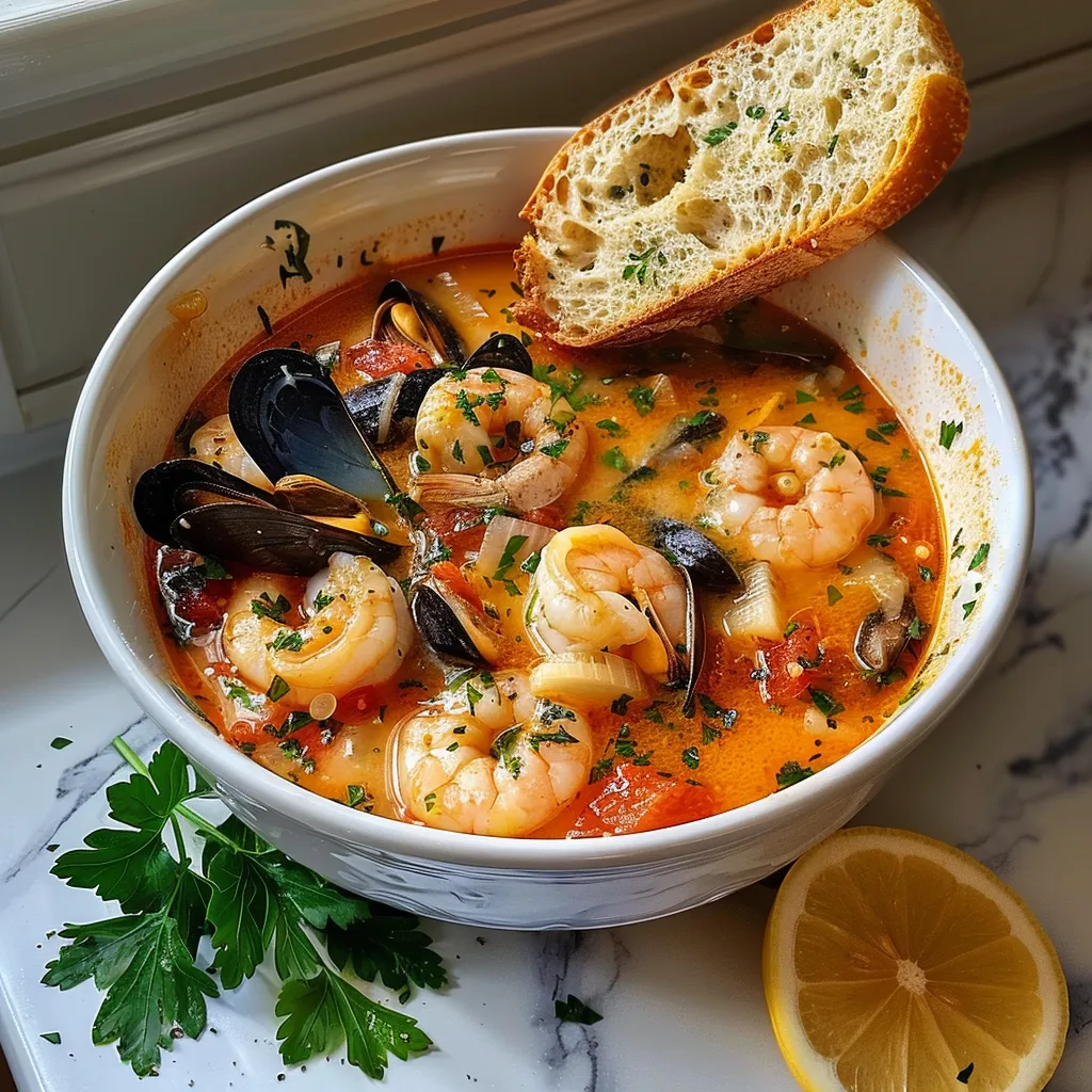 A bowl of soup with shrimp and bread.