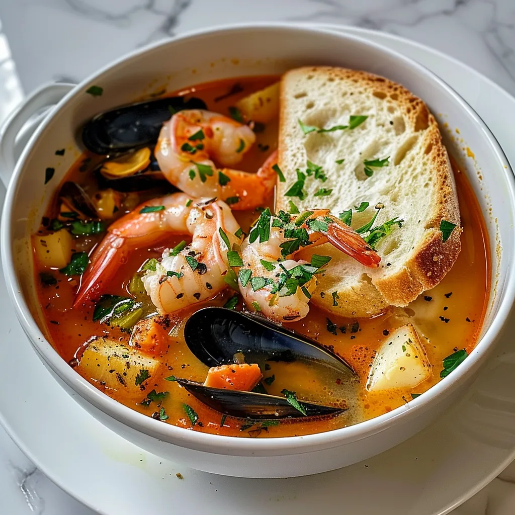 A bowl of soup with shrimp, bread, and herbs.