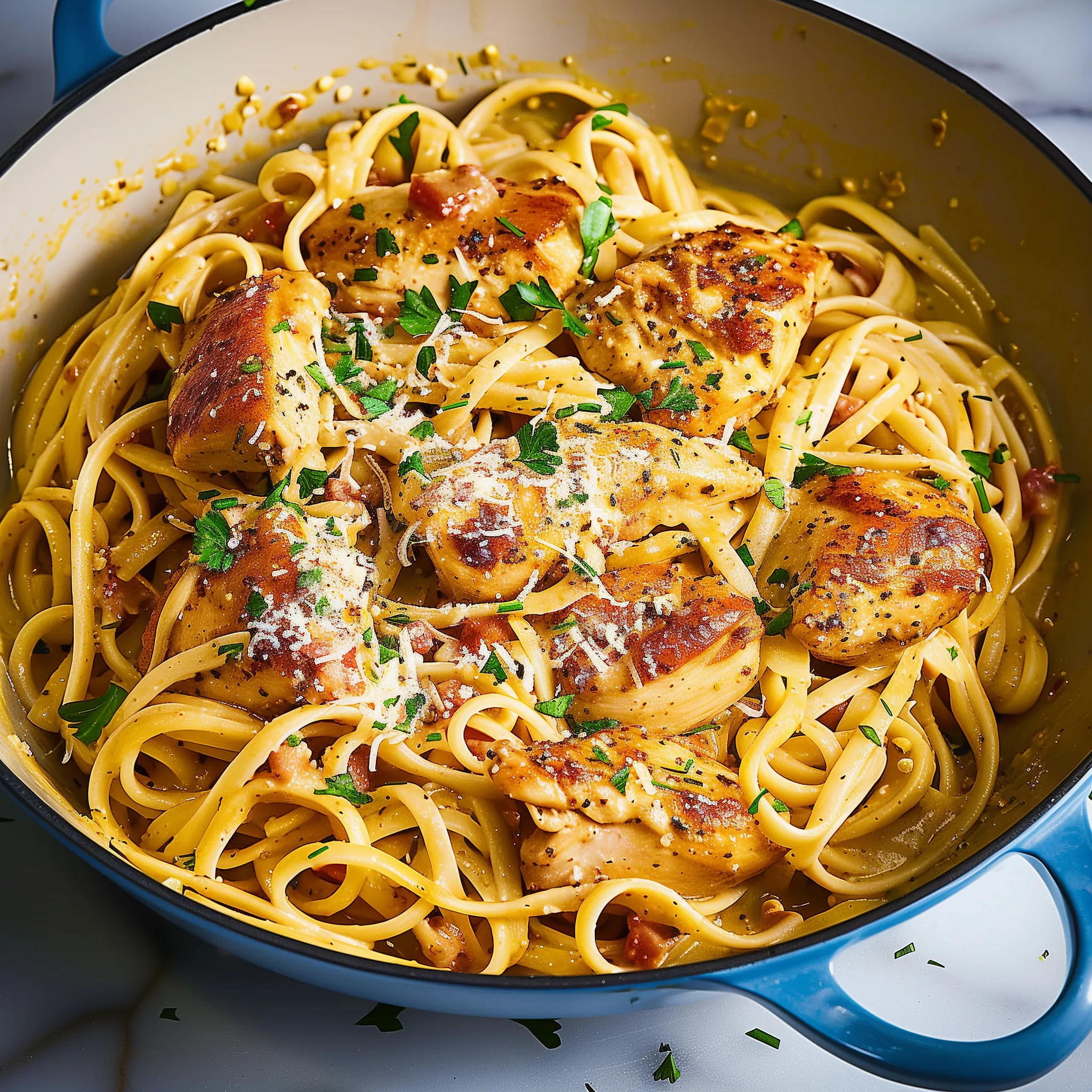 A bowl of pasta with chicken and cheese.
