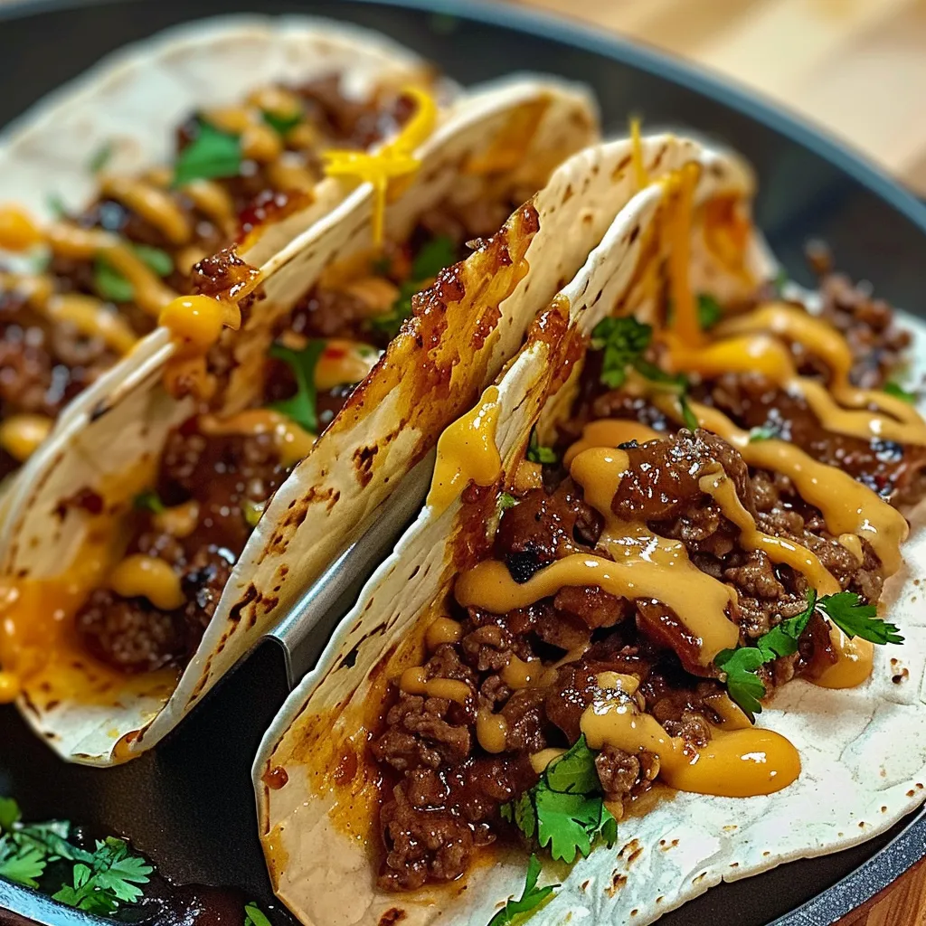 Two tacos with meat and cheese on top.