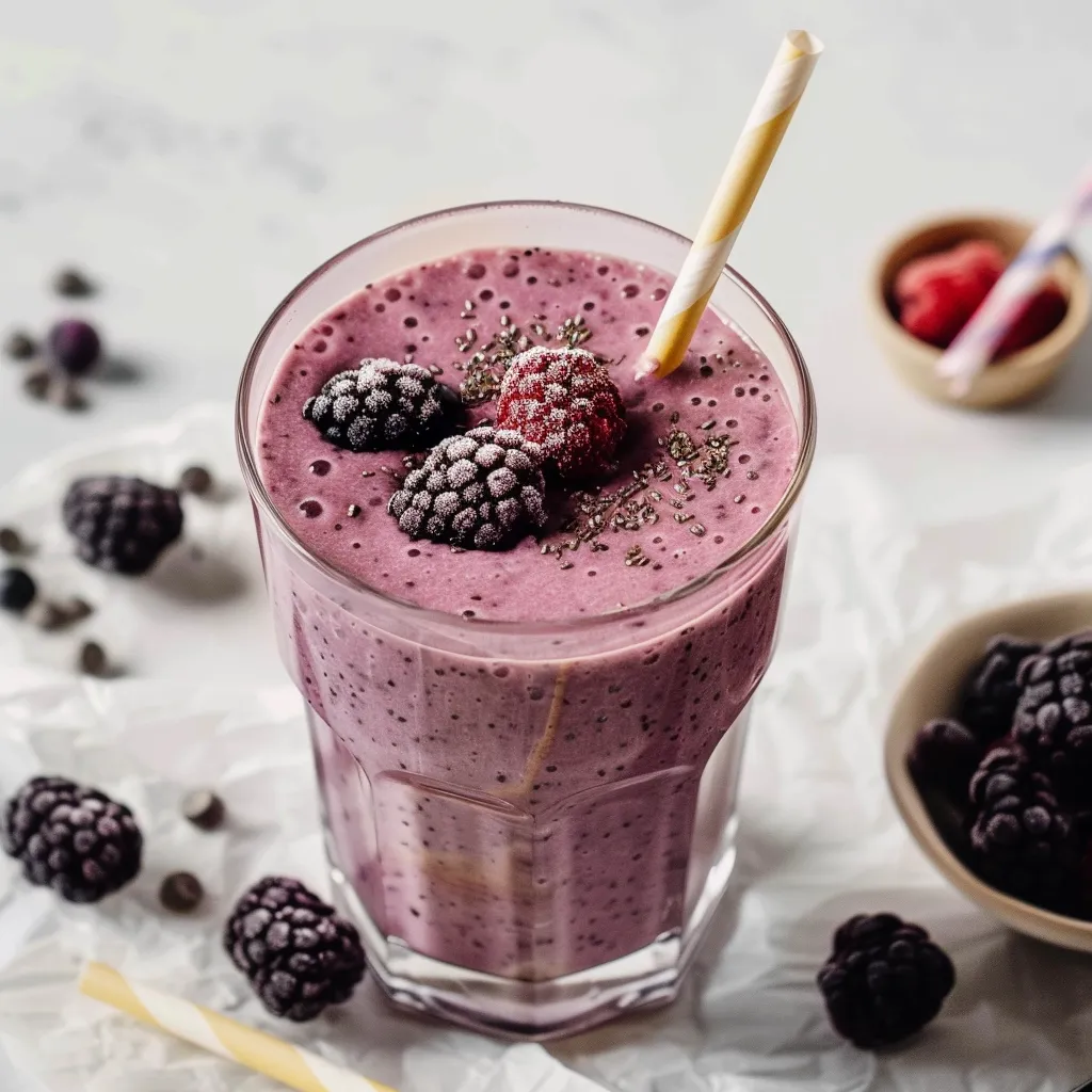 A glass of berry smoothie with a straw.