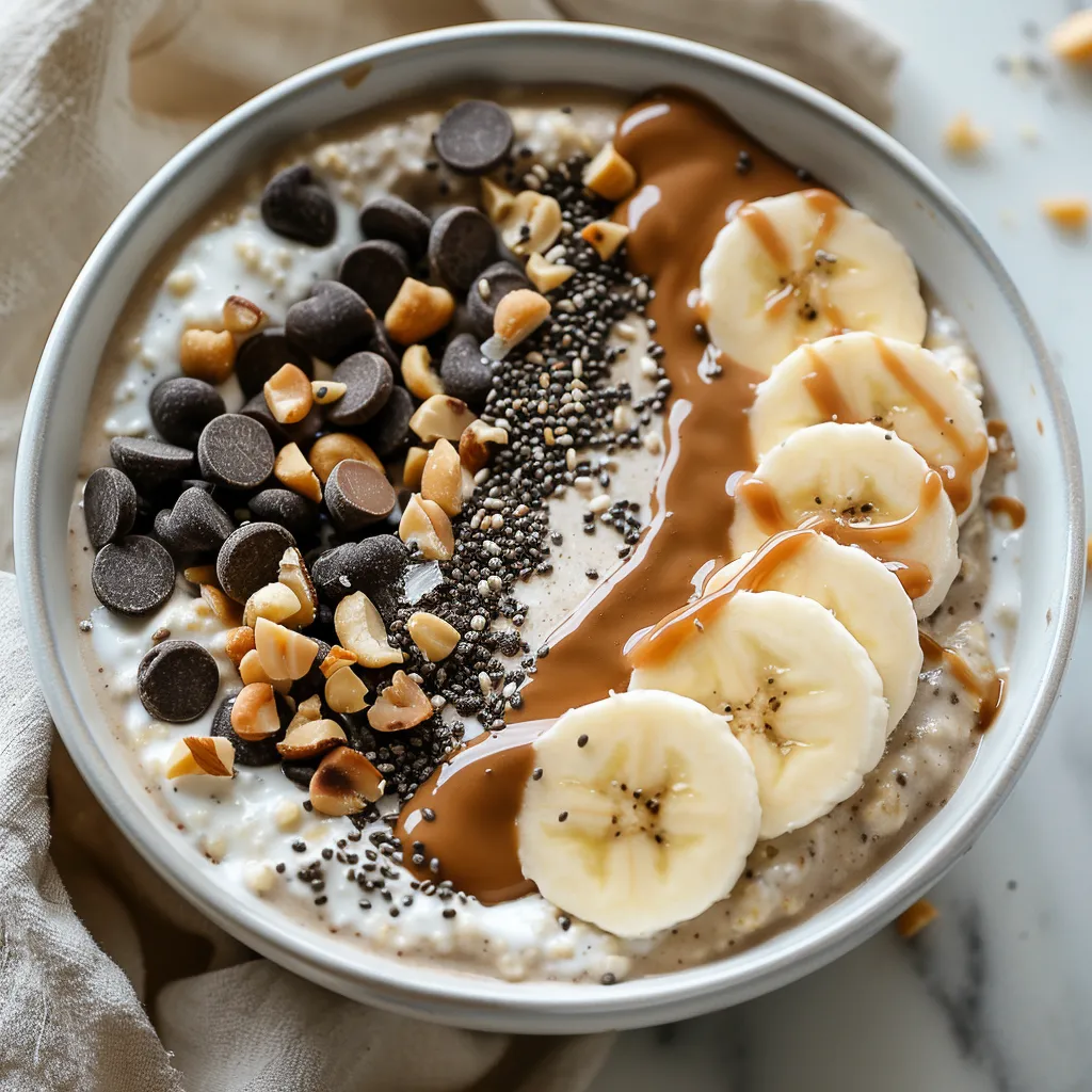 A bowl of oatmeal with bananas and chocolate.