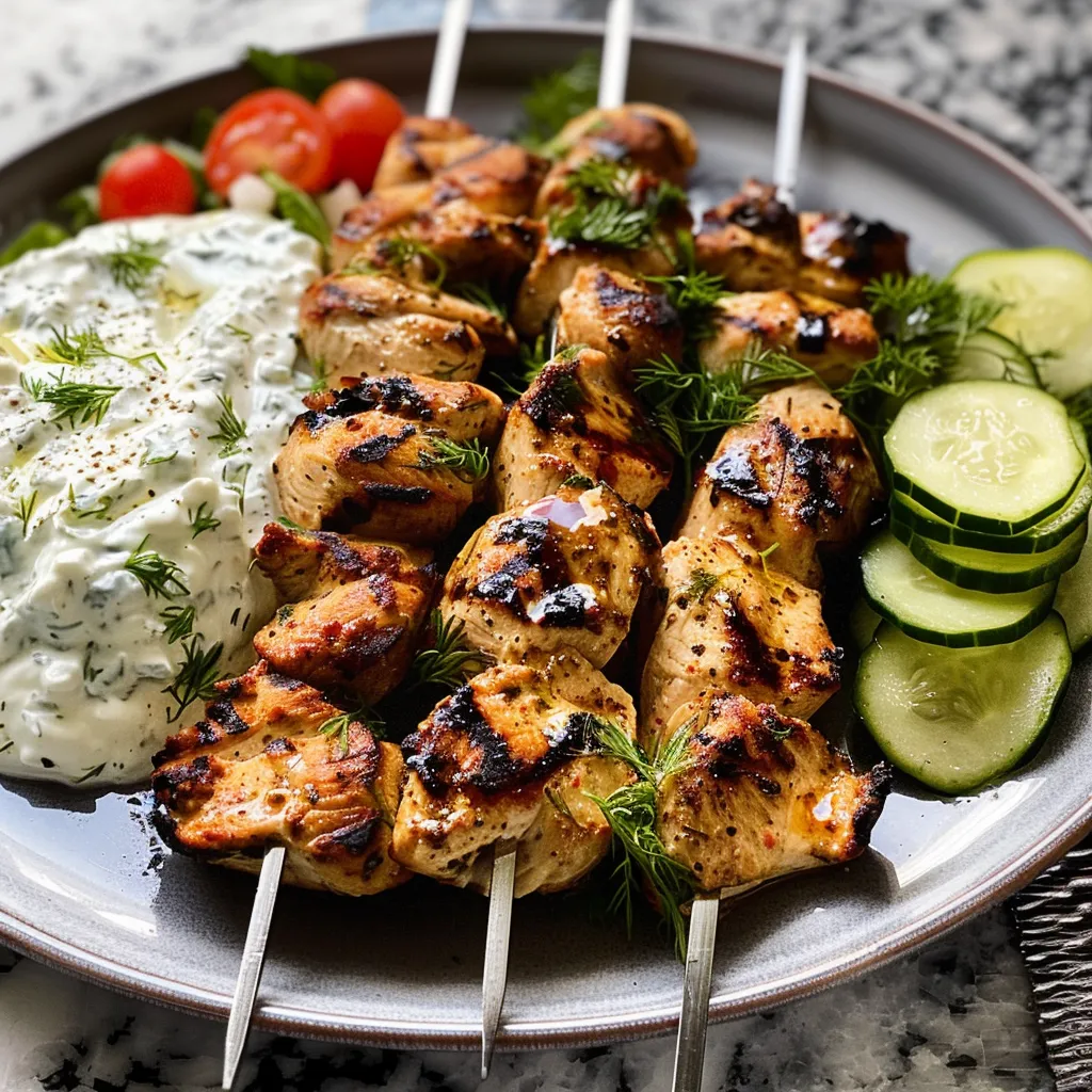 A plate of food with chicken skewers and a side of cucumber and tomato salad.
