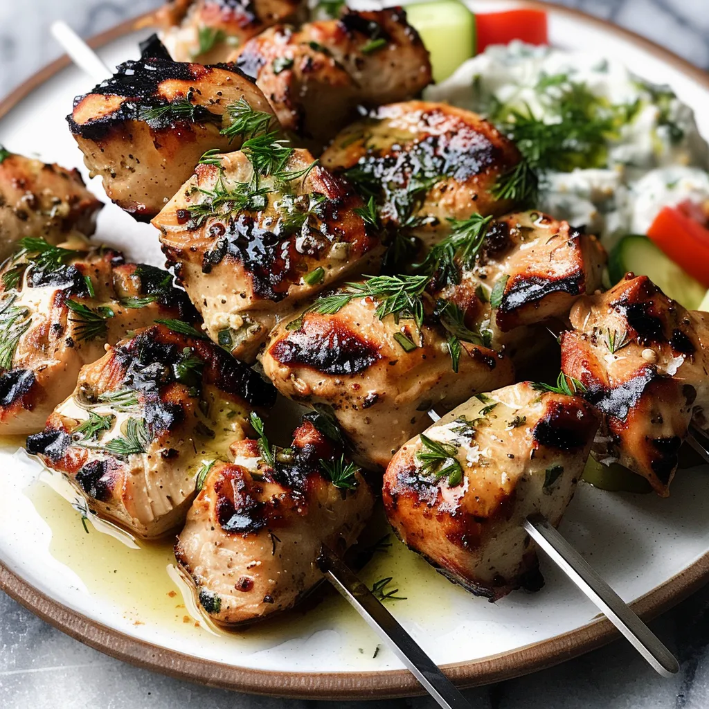 A plate of chicken skewers with a side of tzatziki sauce.