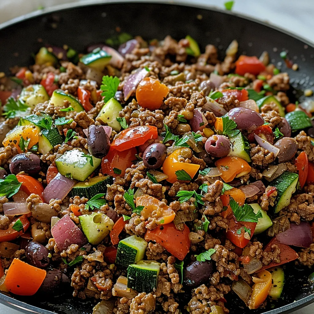 A bowl of food with meat, vegetables and herbs.