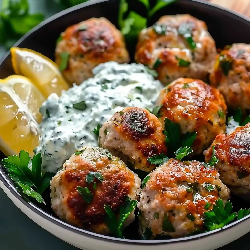 A bowl of meatballs with a lemon wedge on top.