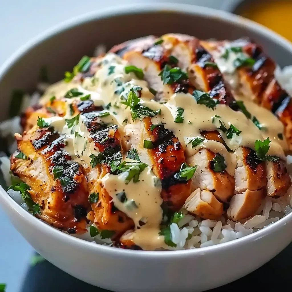 A bowl of rice with chicken and sauce.