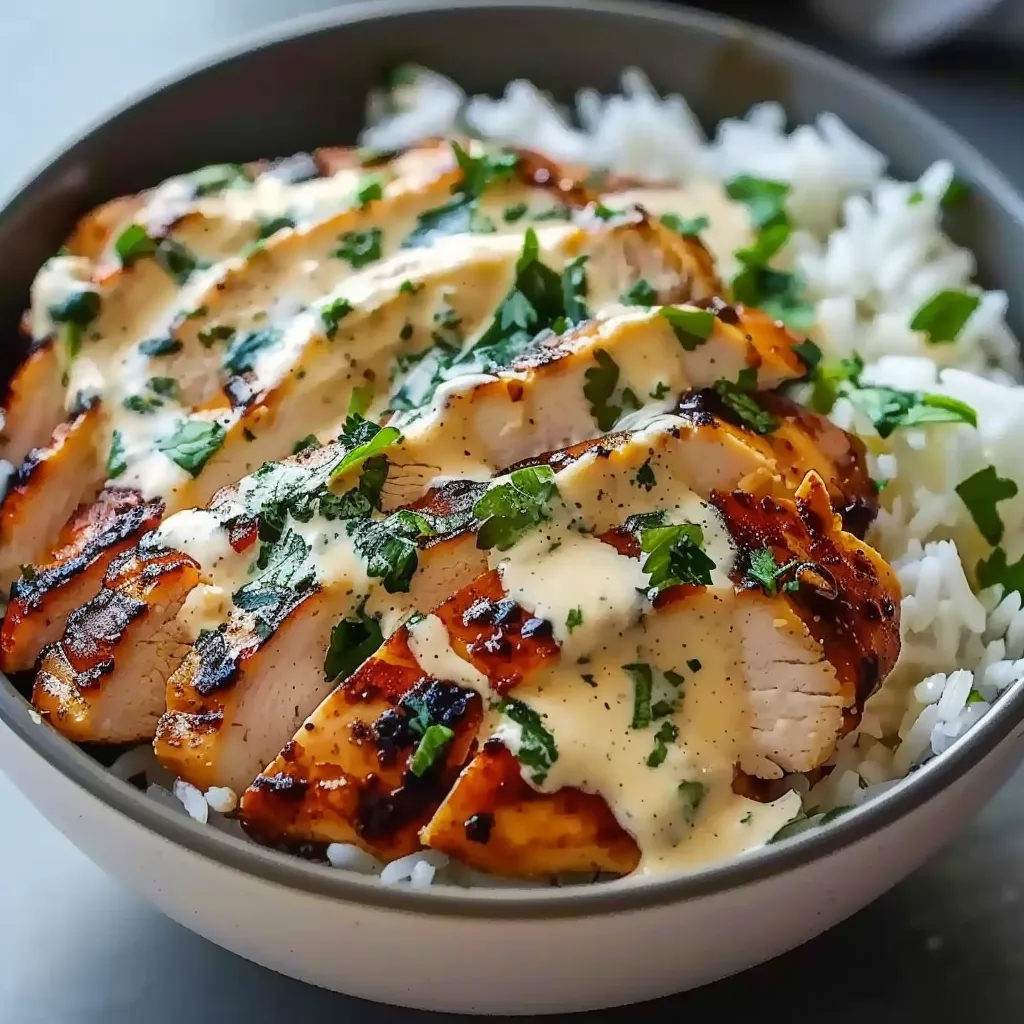 A bowl of rice and chicken.