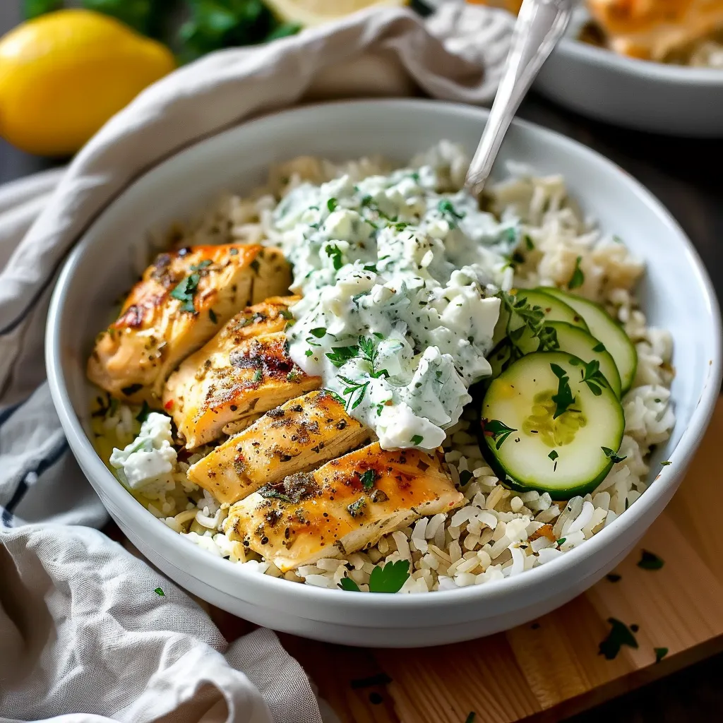 A bowl of rice with chicken and vegetables.