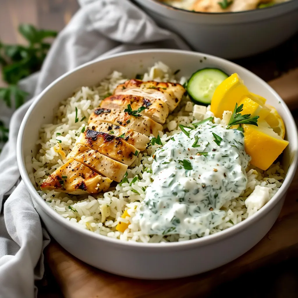 A bowl of rice with chicken and vegetables.
